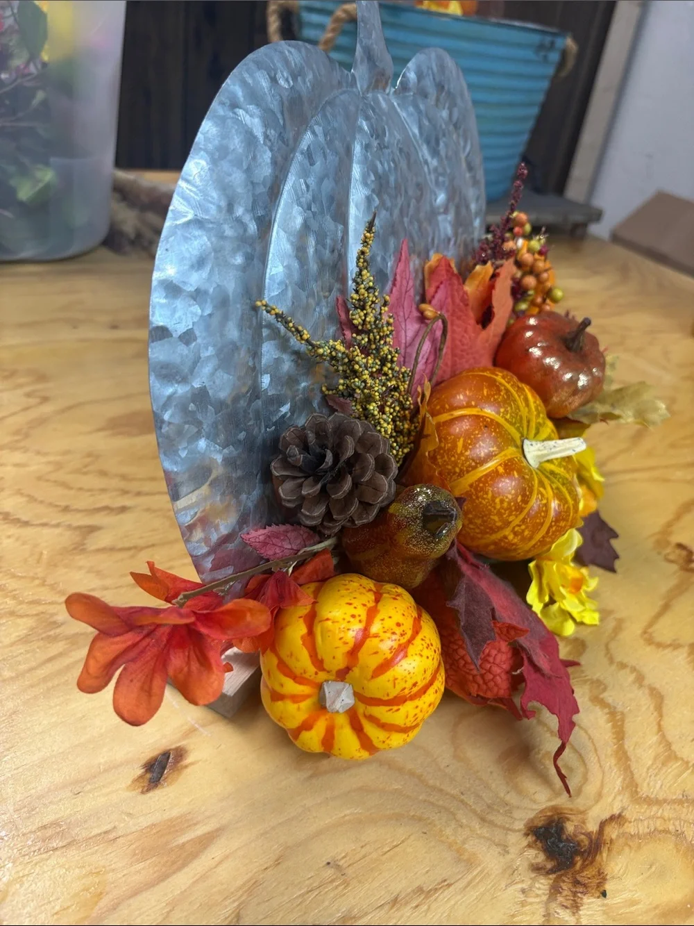 okie dokie Galvanized Pumpkin Wreath with Orange, Yellow, Red and Brown Accents